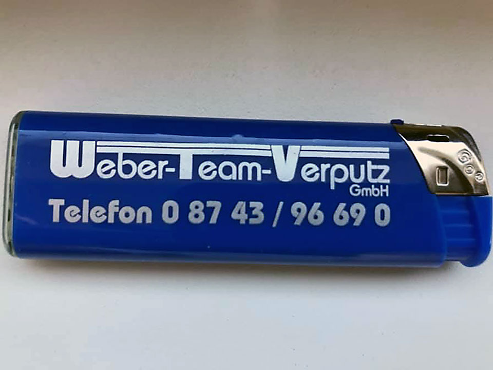 Feuerzeug bedruckt für Weber Team Verputz